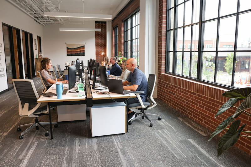 many employees working at their computers at a long desk